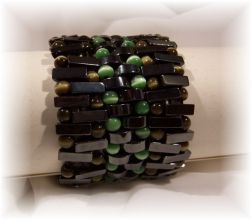 Click For Detail View - Non-Magnetic Reversable Hematite Bracelets with Crescent Moon shaped beads with 5mm Brown Or Green Cat Eye beads - Two Bracelets Reversed - Mix N Match for different colour effects - One Size Fits All