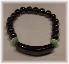 Click For Detail View - Magnetic Hematite Name Plate Identity Bracelet with 2 Coloured Cat Eye Beads - image shows Green Cat Eye Beads - One Size Fits All