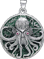 Great Cthulhu Pendant with Ruby Gemstone Eyes - Sterling Silver with green enamel - Click for Detail VIEW