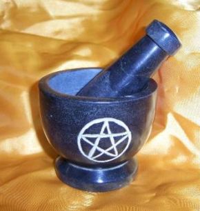 Small Pentagram Black Stone Mortar and Pestle Set- Engraved Pentagram - Click For Detail