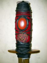Click For Detail - Red Jasper Cabachon Theme Black Handle Athame - 35cm length with black leather sheath