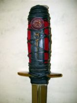 Click For Detail - Red Jasper Cabachon Theme Black Handle Athame - Back View 35cm length with black leather sheath