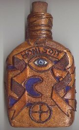 Large Witch Bottle with patchwork buckskin and velvet inlay and sigils - Click to view larger image