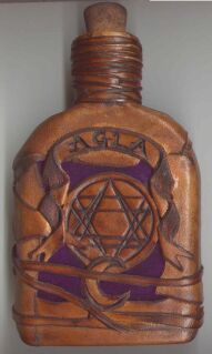 Witch Bottle 230ml with buckskin patchwork and purple velvet inlay designs - front view
