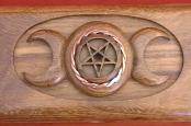Detail view of central carved Triple Goddess design, in top of Black Bean wood box for matching Triple Goddess Athame - a Handcrafted Ritual Treasure by MasterCraftsman ShadowSmith - click for enlarged view