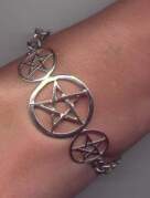photo of Sterling silver 3 Pentagram in Circle shaped Bracelet with sterling silver heavy chain and clasp. Size of bracelet made to measure your wrist.